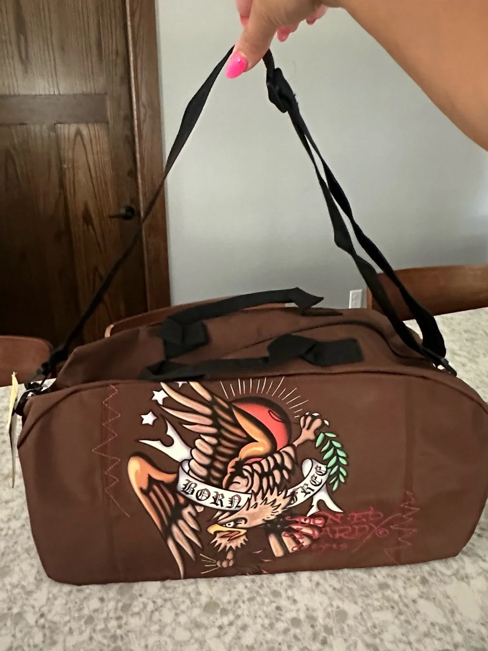 Ed Hardy Brown Duffel Bag with Colorful Eagle Graphic